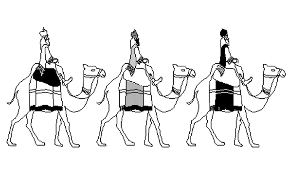 Gaspar, Belchior e Baltazar nos seus Camelos Atravessam o Deserto para dar as Boas Vindas ao Menino